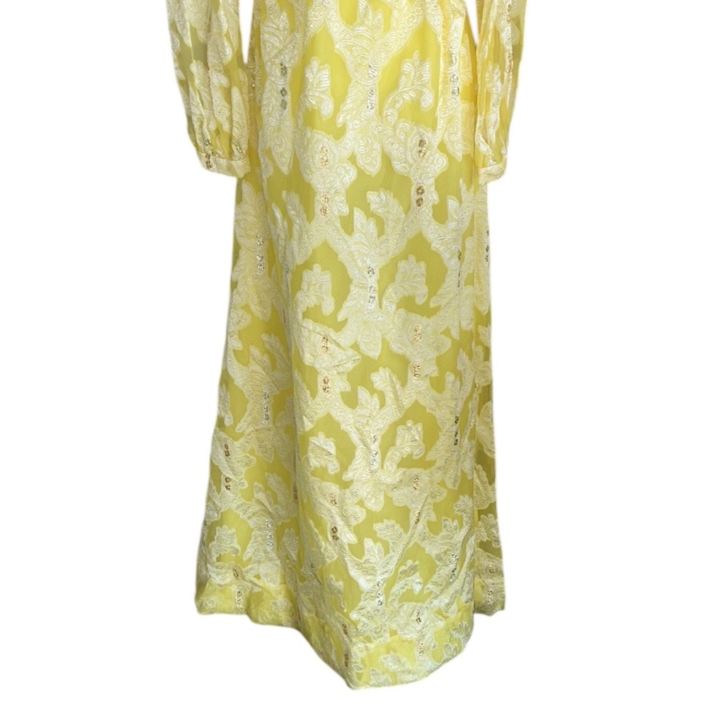 Vintage Handmade Yellow Metallic Gold Silver Floral Jacquard Maxi Dress Gown  XS - Picture 3 of 9